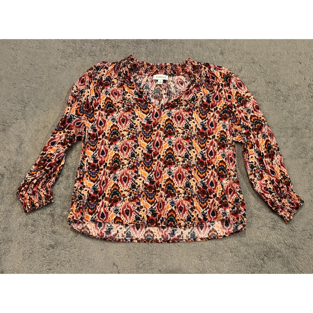 Evereve Blouse Womens XS Multicolor Watercolor Top Long Sleeve Semi Sheer Boho